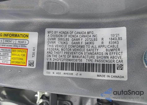 2022 Honda Civic Sport из США, поврежденный, VIN 2HGFE2F55NH538756